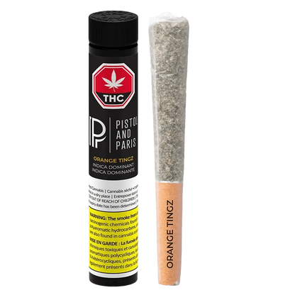 Orange Tingz Pre Rolled 3 x 0.5 g packaging displayed at a slight angle, showcasing its vibrant orange and white design.