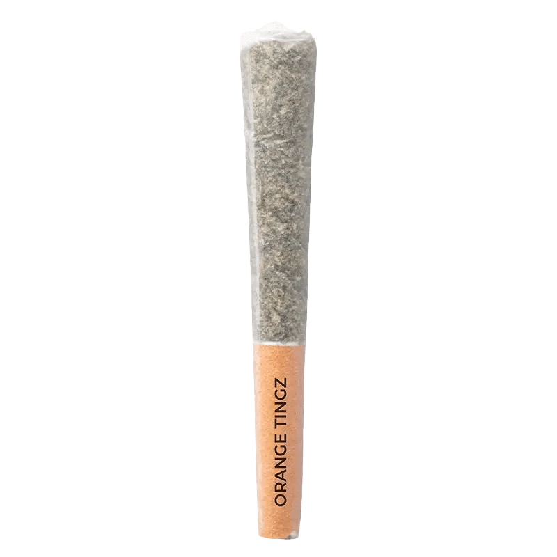 Close-up of the Orange Tingz Pre Rolled 3 x 0.5 g, a pre-roll with a textured paper wrap, presented against a plain white background.