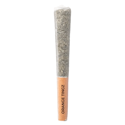 Close-up of the Orange Tingz Pre Rolled 3 x 0.5 g, a pre-roll with a textured paper wrap, presented against a plain white background.