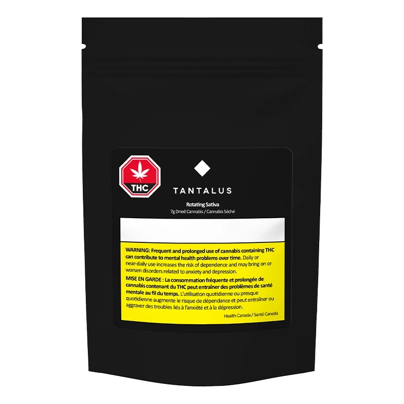 Rotating Sativa displays a warning in French, with text emphasizing potential health risks against a dark background.