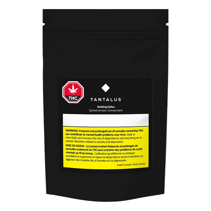 Rotating Sativa displays a warning in French, with text emphasizing potential health risks against a dark background.