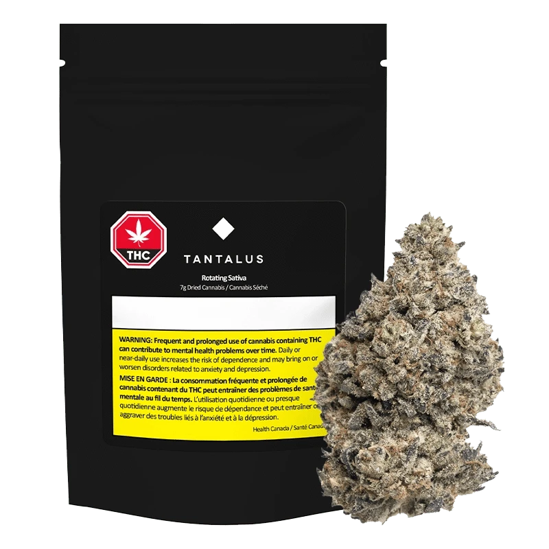 Front view of the Rotating Sativa package, displaying a black label with white text on a pale background.