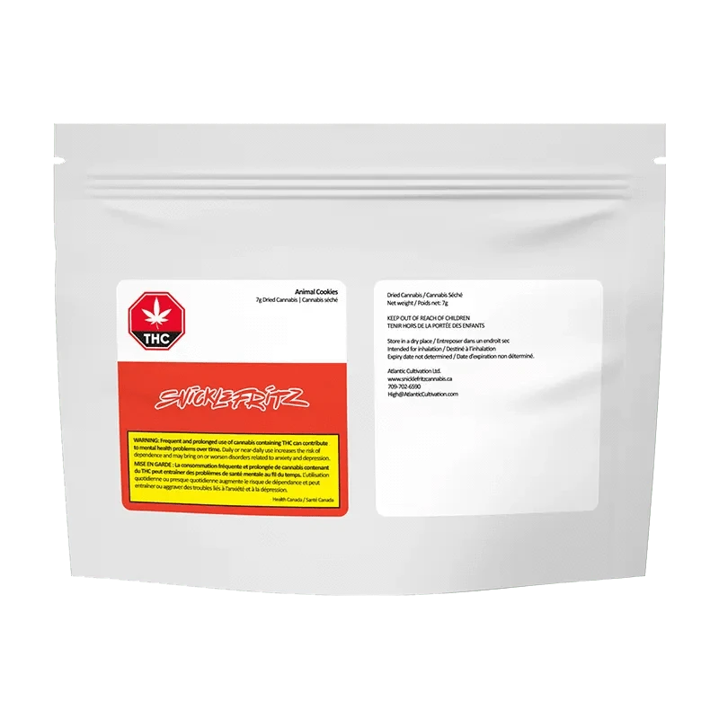 Front-facing view of the Rotating Indica white resealable pouch with a red THC label and bold red logo panel on a plain background.