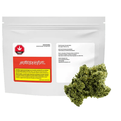 Front view of a white pouch and a green cannabis bud labeled Rotating Indica, the 7 g package shown against a plain white background.