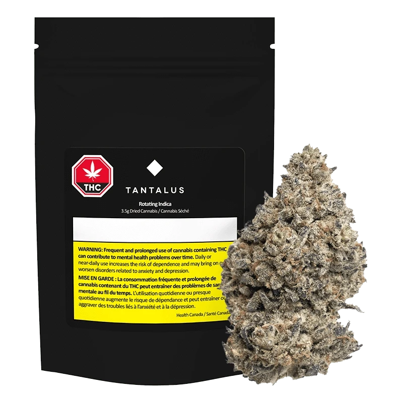 Front view of the Rotating Sativa package against a dark background, displaying the brand name and product details.