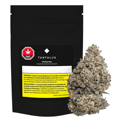 Front view of the Rotating Sativa package against a dark background, displaying the brand name and product details.