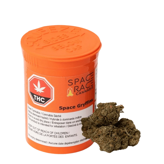 Front view of the Space Gryffins packaging, featuring a bright, stylized design with cannabis-leaf graphics.