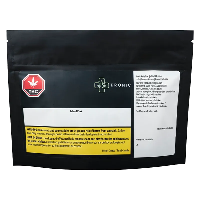 Front-facing pouch shot of Kronic Island Pink showing a black resealable bag with white label panels, red THC symbol and yellow warning strip.