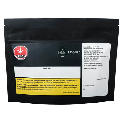 Front-facing pouch shot of Kronic Island Pink showing a black resealable bag with white label panels, red THC symbol and yellow warning strip.