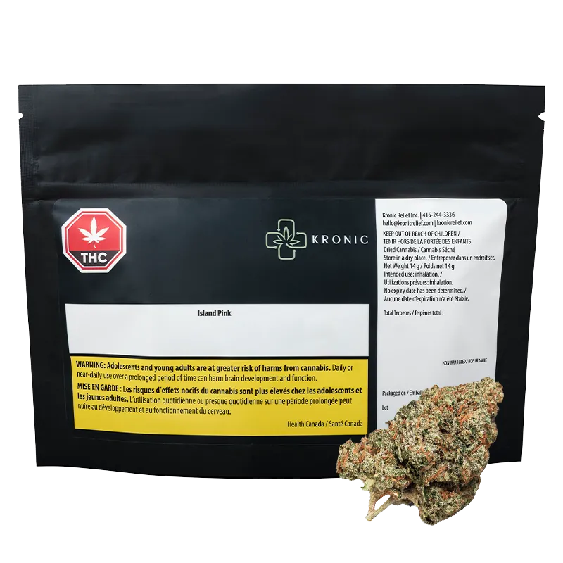 Front-facing shot of the Kronic Island Pink black resealable pouch with a white label and THC symbol, plus a bud placed at the lower right.