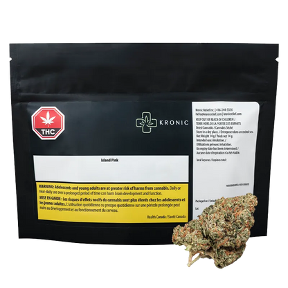 Front-facing shot of the Kronic Island Pink black resealable pouch with a white label and THC symbol, plus a bud placed at the lower right.