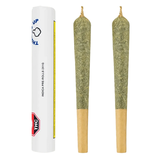 Front view of the Indica Pre Rolled 2 x 1 g pre-rolls, displayed against a light gray background with prominent branding.