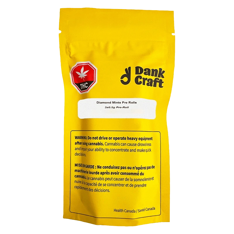 Front view of the Diamond Mints Pre Rolled 3 x 0.5 g packaging, displaying a warning message and the brand’s logo on a white background.