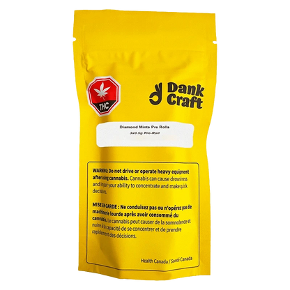 Front view of the Diamond Mints Pre Rolled 3 x 0.5 g packaging, displaying a warning message and the brand’s logo on a white background.