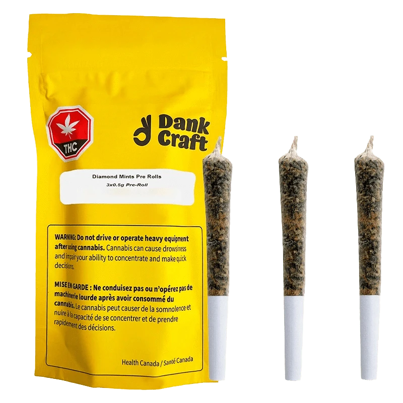 Close-up of the Diamond Mints Pre Rolled 3 x 0.5 g packaging with a cannabis leaf and bold branding, against a dark background.