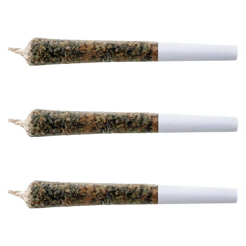 A close-up, angled view of the Diamond Mints Pre Rolled 3 x 0.5 g pre-rolls, showing the dark, textured paper and tightly packed contents.