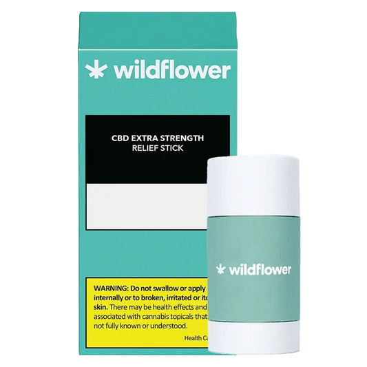 Front view of the Wildflower Extra Strength CBD Relief Stick, featuring a white tube with simple black text and a logo.
