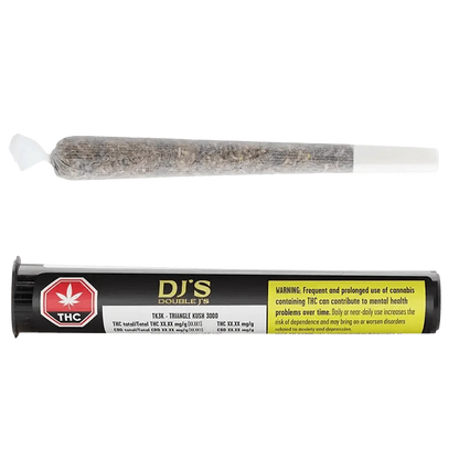 Front view of the TK3k Pre Rolled 2 x 1 g packaging, displaying bold text against a dark background.