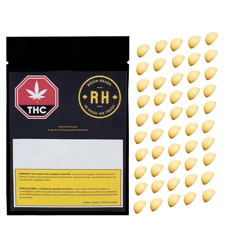 Close-up of Hash Rosin Drops packaging with a circular logo featuring cannabis leaves and text in a dark, minimalist design.