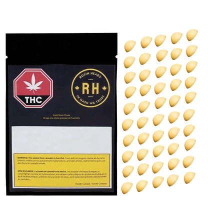 Close-up of Hash Rosin Drops packaging with a circular logo featuring cannabis leaves and text in a dark, minimalist design.