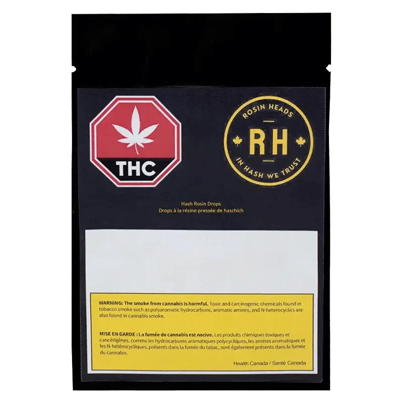 Front view of the Hash Rosin Drops packaging, featuring a circular logo and bold lettering on a dark background.