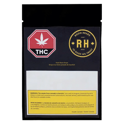 Front view of the Hash Rosin Drops packaging, featuring a circular logo and bold lettering on a dark background.