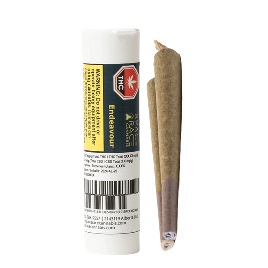 Close-up of the Endevour Pre Rolled 2 x 1 g packaging with a warning label, showcasing a black and white design.