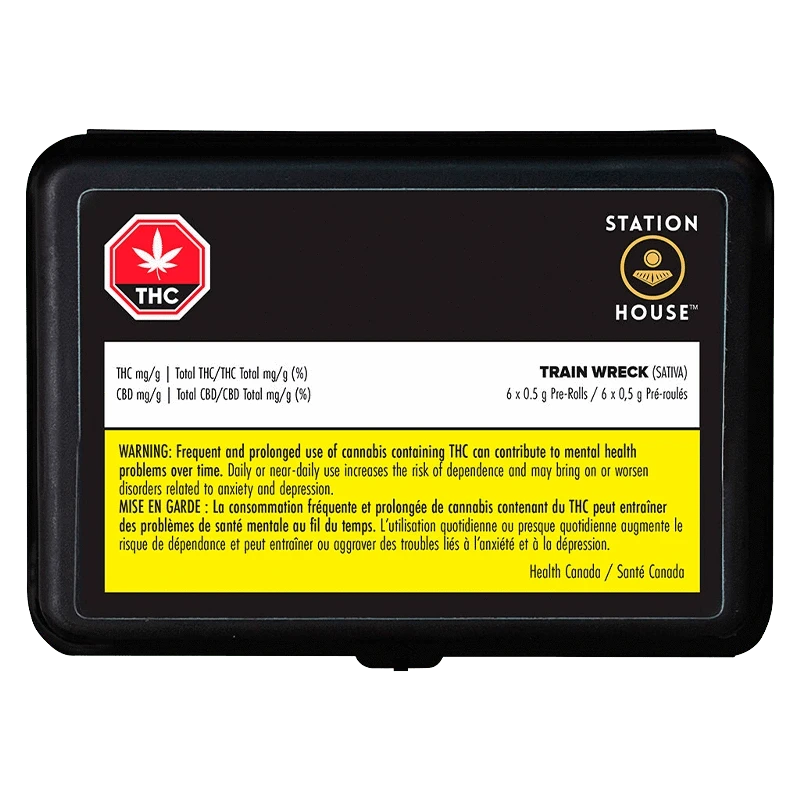 Top-down view of the black tin labeled "Trainwreck PR 6 x 0.5 g" with Station House logo and a yellow THC warning strip.