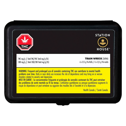 Top-down view of the black tin labeled "Trainwreck PR 6 x 0.5 g" with Station House logo and a yellow THC warning strip.