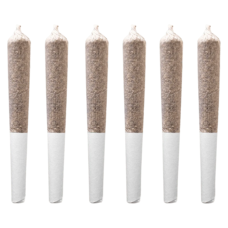 Six pre-rolled joints photographed upright in a row on a white background, labeled Trainwreck PR 6 x 0.5 g.
