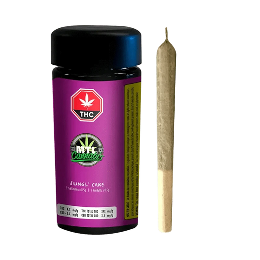 Front view of the Jungl' Cake Pre Rolled 7 x 0.5 g package with a vibrant green logo on a white background.