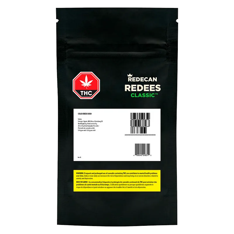 Front-facing shot of a black pouch labeled Cold Creek Kush PR 20 x 0.4 g with a red THC stop sign and white barcode panel.
