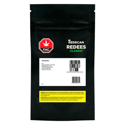 Front-facing shot of a black pouch labeled Cold Creek Kush PR 20 x 0.4 g with a red THC stop sign and white barcode panel.