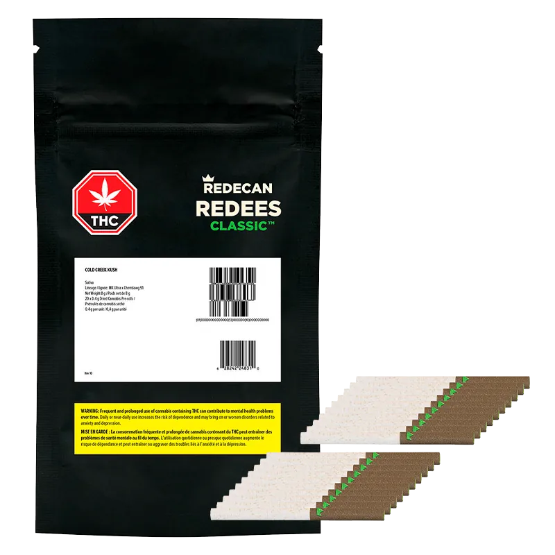 Front-facing image of a black pouch and a staggered fan of pre-rolls showing the Cold Creek Kush PR 20 x 0.4 g packaging and contents.