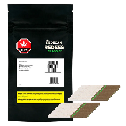 Front-facing image of a black pouch and a staggered fan of pre-rolls showing the Cold Creek Kush PR 20 x 0.4 g packaging and contents.