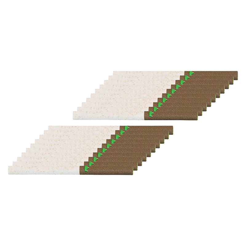 Two angled rows of thin brown and white filters with small green triangle accents, shown from a slight top-front perspective for Cold Creek Kush PR 20 x 0.4 g