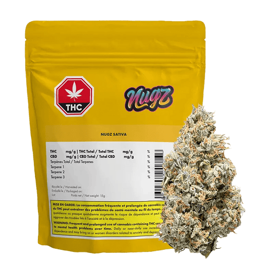 Nug Sativa packaging features bold text and graphics on a dark background, displaying cannabis information.