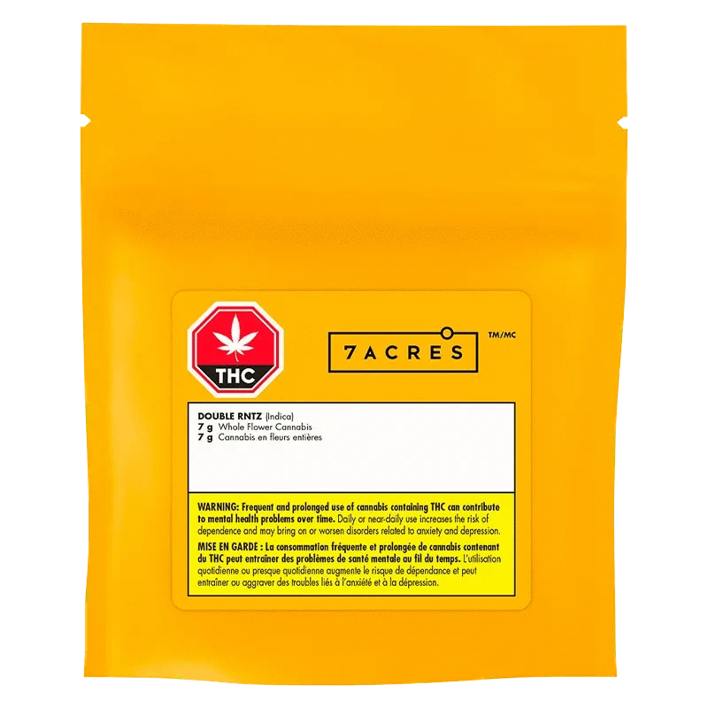 Front view of the 7 Acres Double RNTZ packaging, displaying a warning message in French on a white background.