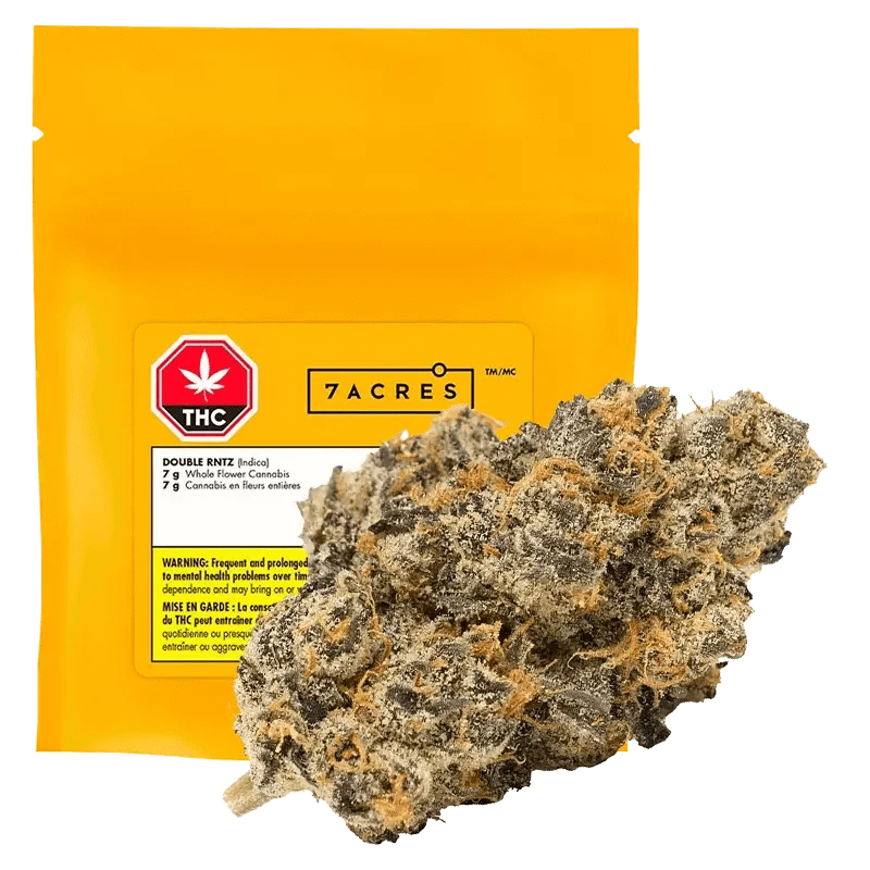 Close-up of the Double RNTZ, featuring a green cannabis bud against a dark background with branding.