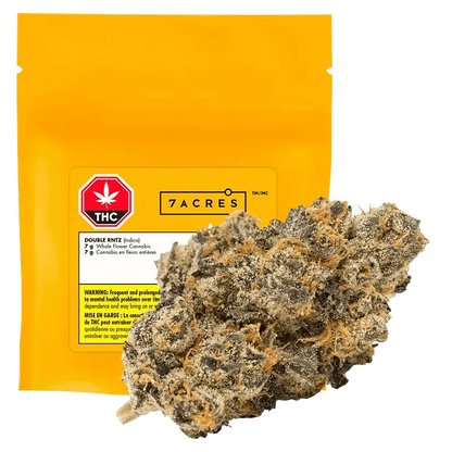 Close-up of the Double RNTZ, featuring a green cannabis bud against a dark background with branding.