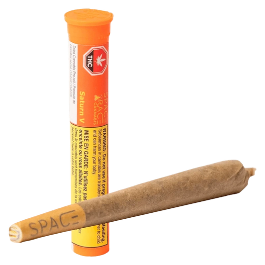 Close-up of the Saturn V Pre Rolled 1 x 1 g package, displaying its branding and warning information against a dark background.