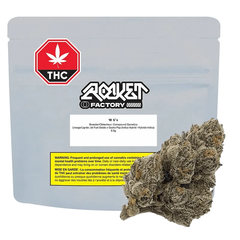 A close-up of the 10 G's packaging featuring bold typography against a dark, textured background, with cannabis leaf imagery.