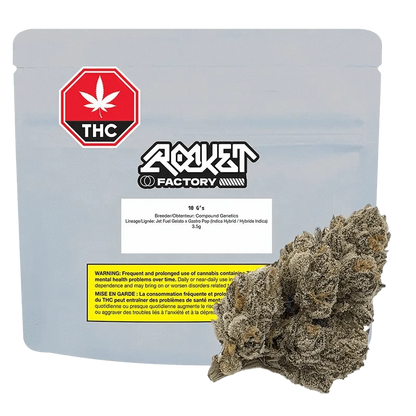 A close-up of the 10 G's packaging featuring bold typography against a dark, textured background, with cannabis leaf imagery.