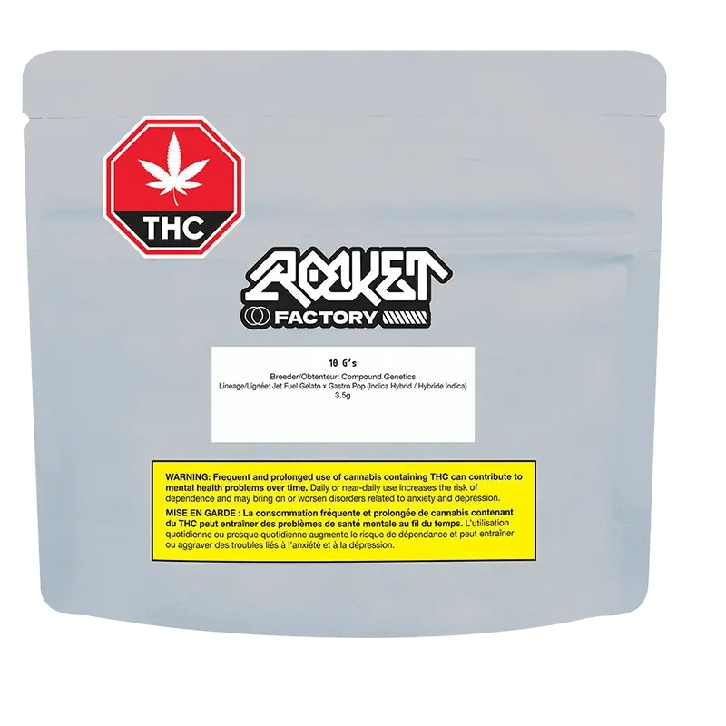 A close-up shot of the “10 G’s” packaging against a black background, displaying warning text and branding details.