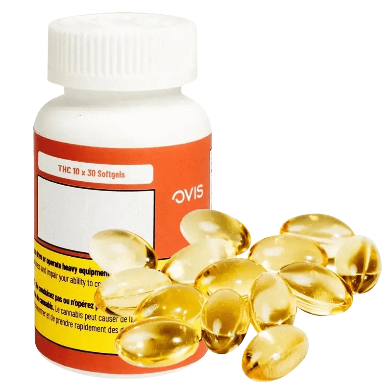 Close-up of THC 10mg X 30 Softgels, with translucent, golden capsules spilling from an opened package.