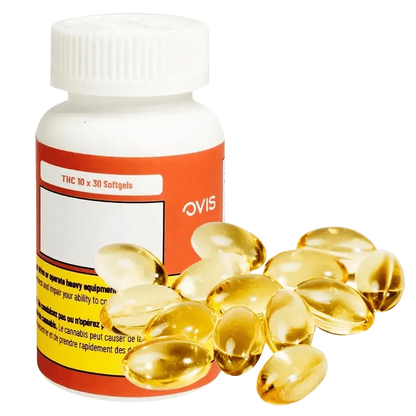 Close-up of THC 10mg X 30 Softgels, with translucent, golden capsules spilling from an opened package.