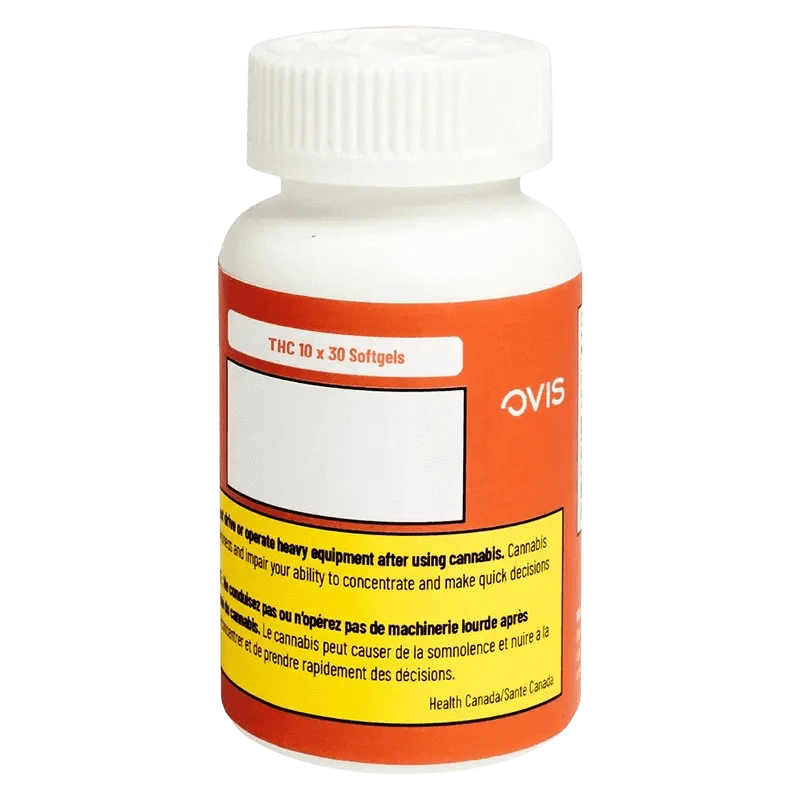 Front view of THC 10mg X 30 Softgels packaging against a dark background with the brand logo.