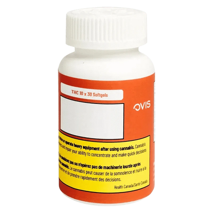 Front view of THC 10mg X 30 Softgels packaging against a dark background with the brand logo.