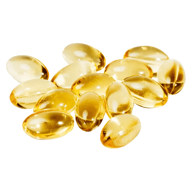 A scattering of translucent THC 10mg X 30 Softgels, viewed from above on a plain white background.