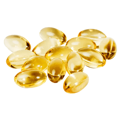 A scattering of translucent THC 10mg X 30 Softgels, viewed from above on a plain white background.